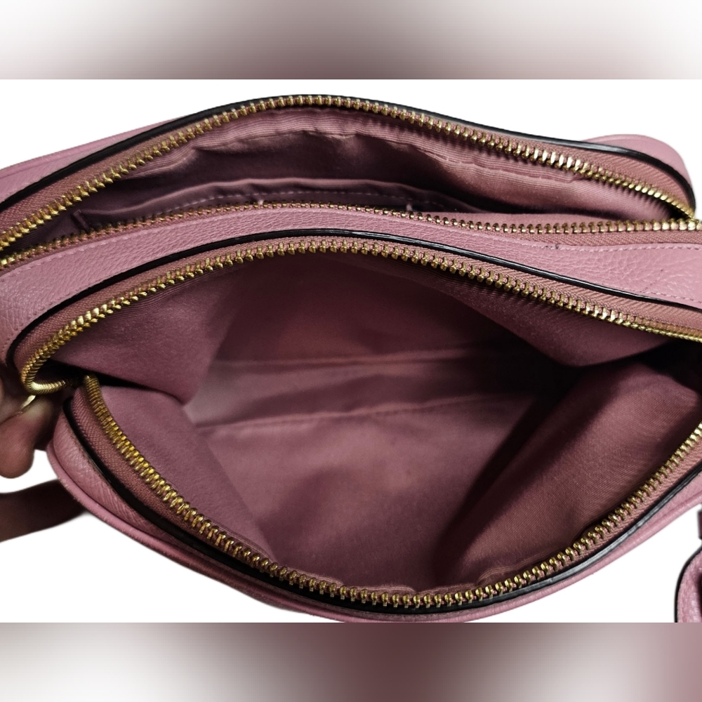 Coach Jes Crossbody Camera Shoulder Bag Double-Zip Pink Metallic Pebbled Leather - Picture 14 of 16